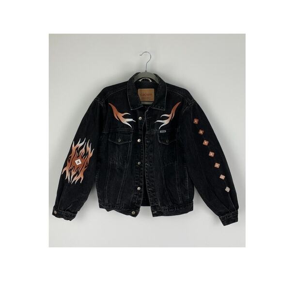 Crown Jeans Co Womens Black Denim Jean Jacket Flame Button Up Size Medium - Picture 1 of 14